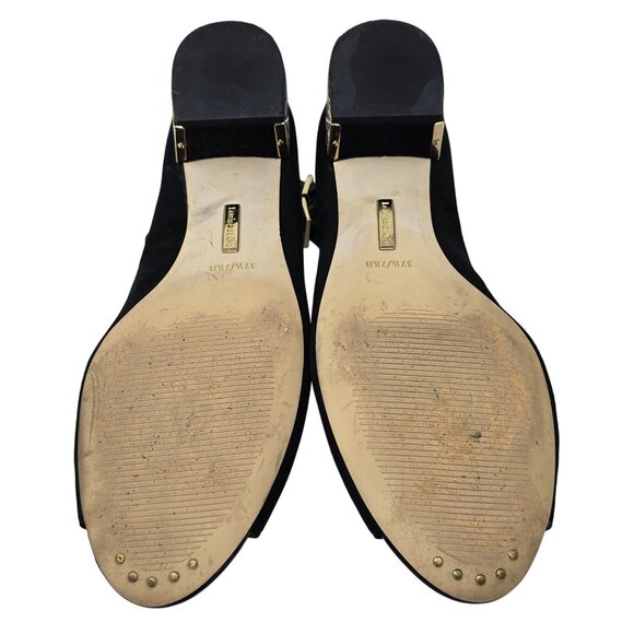 Louise Et Cie Black Suede Peep Toe Heels With Geometric Gold Block Heel Design S - Picture 7 of 7